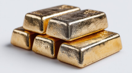 Gold bars stacked on white background. Gold blocks 20g weight represent banking, finance, savings, investment, success. Shiny precious metal symbolizes wealth, richness, luxury, value