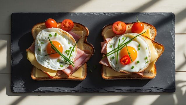 Hearty morning meal featuring sandwiches with fried egg, ham, and cheese on toasted bread, topped with fresh herbs, cherry tomatoes, and chili for a vibrant presentation.