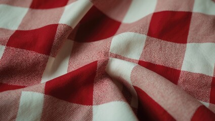 Cotton fabric with a red and white checkered pattern, close-up of sewing texture background