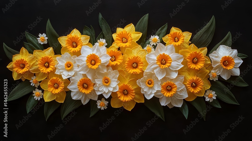 Poster Bouquet of yellow and white flowers is displayed on a black background. The flowers are arranged in a way that they seem to be reaching out to the viewer, creating a sense of warmth and happiness