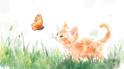Fototapeta premium A playful orange kitten gazes intently at a delicate butterfly fluttering nearby in a lush grassy meadow on a bright, sunny day. The vibrant colors create a whimsical atmosphere