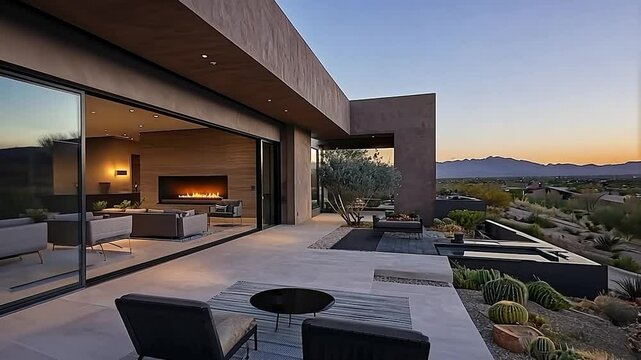 Modern home exterior with patio and mountain view.