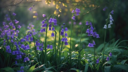 Beautiful bluebells in England with purple and green petals in a garden setting during spring