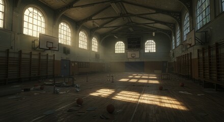 Abandoned Gymnasium Sunlight - Sunbeams illuminate dust motes in an abandoned gymnasium, basketballs lie scattered on the aged wooden floor