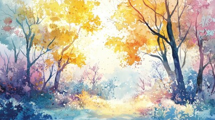 Golden and orange leaves adorn tall trees in a peaceful forest during autumn. Soft sunlight filters through the branches, illuminating colorful foliage and a tranquil path