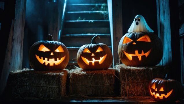 Spooky Halloween night illuminated by glowing carved jack o lanterns