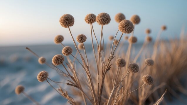 Dried flower seeds from beach plants set against a luminous white sky, with a soft blue-grey and beige backdrop, emphasizing natural tones and the resilience of wildflora.