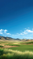 Fototapeta premium An illustrative bright blue sky with scattered clouds hangs above a vibrant green field with distant mountains on a sunny day, radiating beauty and peace.