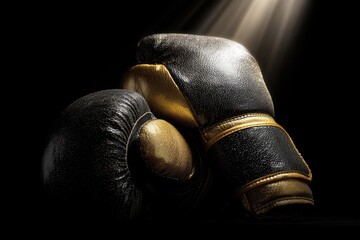Black and gold boxing gloves in dramatic spotlight