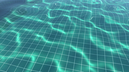 Above view of water rippled in green tiles swimming pool, with bright light shines into water and make the caustic light shimmering on bottom of the pool. 3D Illustration.