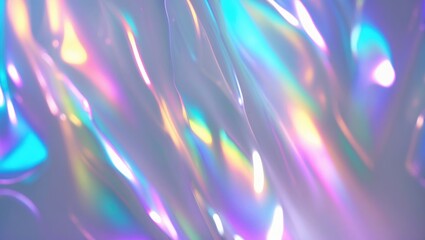 Prismatic iridescent reflections featuring holographic rainbow rays, pastel light leaks, and colorful garland backdrop