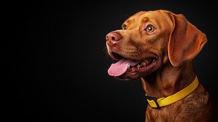 Happy brown dog with yellow collar studio portrait