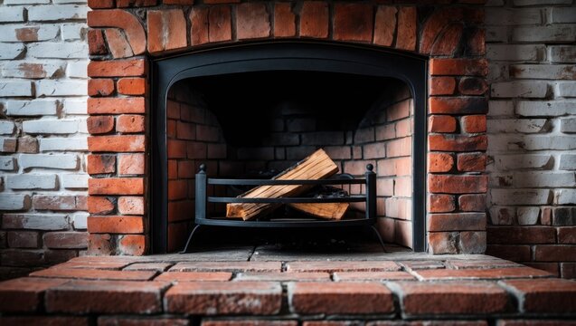 A brick-surrounded unlit fireplace creates an inviting and cozy atmosphere