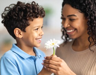 Mom Receiving Daisy Flower from Smiling Son
