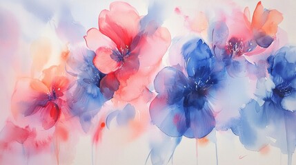 Soft pastel flowers in varying shades of pink and blue create a stunning watercolor artwork. The vibrant petals showcase a blend of colors and gentle strokes, emphasizing beauty and elegance