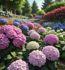 Large hydrangea dominates a colorful flower garden, garden ornaments , stunning, hydrangea