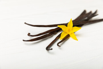 Vanilla pods on a textured background. Vanilla flowers and seeds. vanilla stick bean. Aromatic...