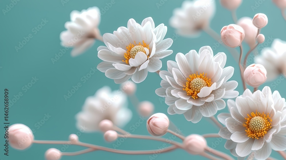 Poster close up of a bouquet of white flowers with a blue background. the flowers are arranged in a way tha