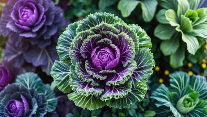 Detailed view of a flowering decorative cabbage plant against a lively natural backdrop