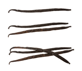 Vanilla pods isolated on white background. Vanilla flowers and seeds. vanilla stick bean. Aromatic spicy spice for pastries and desserts. Seasoning. Space for text. Copy Space