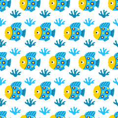Blue tropical fish seamless pattern. Exotic fish with cute face