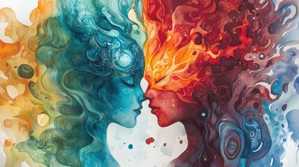 Two intertwined figures symbolize opposing elements, water and fire. One exudes calm coolness while the other radiates intense warmth, creating a striking visual harmony