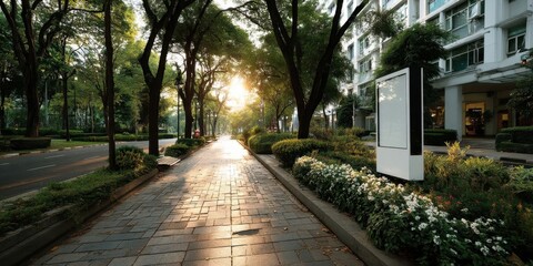 Obraz premium Blank Signage Mockup Near Modern Building and Greenery