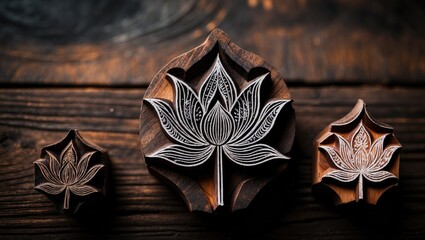 Lotus Patterned Wood Blocks in Different Sizes for Handcrafted Textile Art on Wooden Backgrounds
