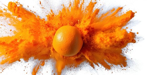 A large orange is surrounded by a cloud of orange powder. The orange is the center of attention and the powder is the background. Concept of energy and excitement