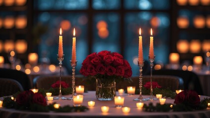 Luxurious candlelight date with bokeh, floral garlands, and bouquet for a romantic night proposal at a restaurant