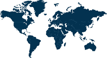 Global Presence: Deep Navy World Map Silhouette - Comprehensive Continental View in Minimalist Flat Vector Design with Detailed Country Boundaries for International Business and Geographic Reference