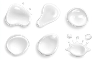 Collection of various liquid drops,  with splashes and different shapes,  depicting a smooth, glossy texture