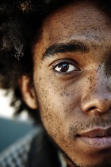 A captivating close-up portrait of an african american man with intense eyes and skin detail.
