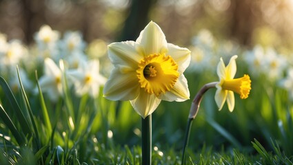 Detailed view of blooming yellow daffodils amidst springtime flora