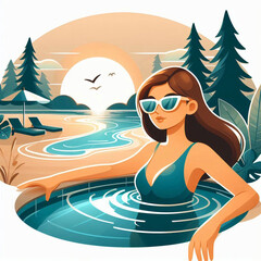 stylish woman relaxing in swimming pool wearing swimming dress and tropical beach vacation illustration