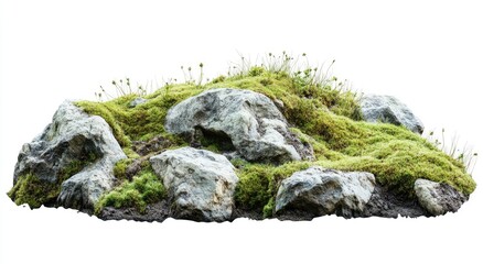 Moss-covered rocky outcrop isolated on white background.  A collection of various sized light gray stones are layered, 