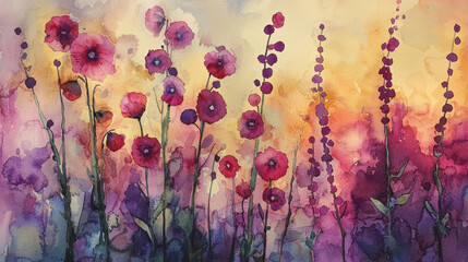 Naklejka premium Colorful flowers with shades of pink, purple, and orange fill the scene, captured in watercolor. Lush petals reflect the warm glow of the setting sun, evoking tranquility and beauty