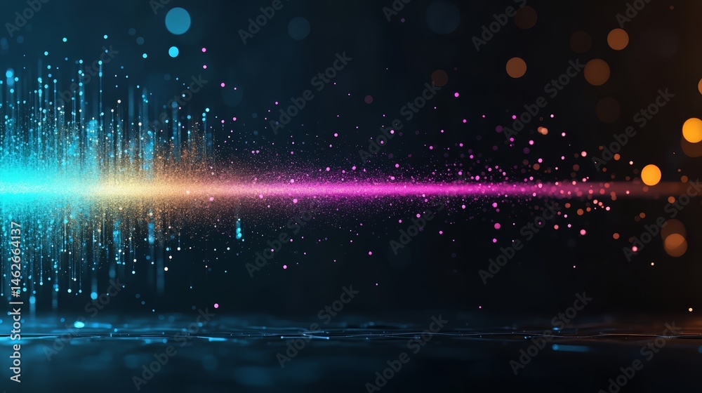 Poster Colorful line of dots that are scattered across the screen. The dots are of different colors and sizes, creating a sense of movement and energy. The image conveys a feeling of excitement