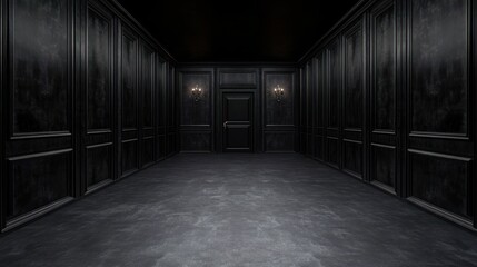Mysterious dark hallway interior with black doors