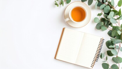 Cozy tea break with a notebook and greenery on a minimalist desk indoors still life calm atmosphere top-down view mindfulness