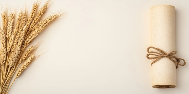 shavuot postcard template, shavuot postcard with golden wheat fields and a glowing torah scroll on an ivory background, with space for a message - Powered by Adobe