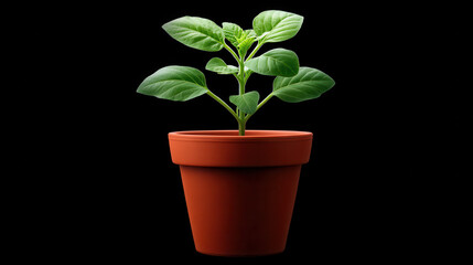 Obraz premium A vibrant green plant with healthy leaves grows in a simple terracotta pot against a stark black background, symbolizing new life and growth in isolation.