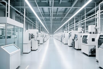 establishing shot dolly shot inside bright advanced semiconductor production fab cleanroom concept working overhead wafer transfer system