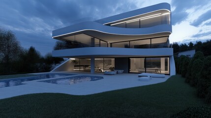 Fototapeta premium Curved lines modern house architectural design luxury home exterior