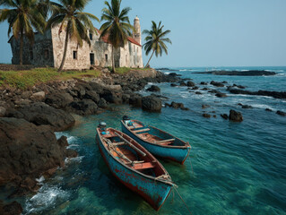 Coastal or river scene of Kalutara, Sri Lanka, with local boats and temples