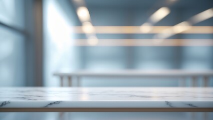 Shelf with white marble background and tabletop mockup, defocused perspective and bokeh light, empty desk for product presentation