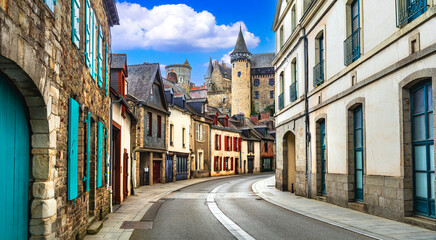 France , Brittany travel and landmarks. medieval Vitre town with castle and its charming old streets and half-timbered houses.