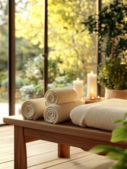 Sunlit spa retreat with wooden bench and rolled towels