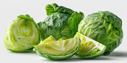 Obraz premium Fresh Green Cabbage Heads Whole and Sliced