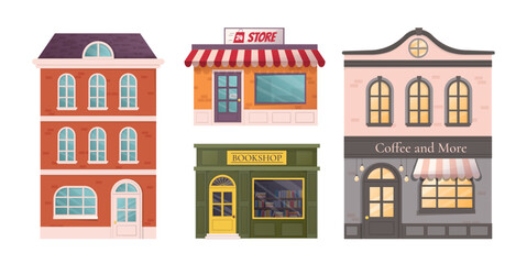 Fototapeta premium Storefront and building facades set. Vector illustration